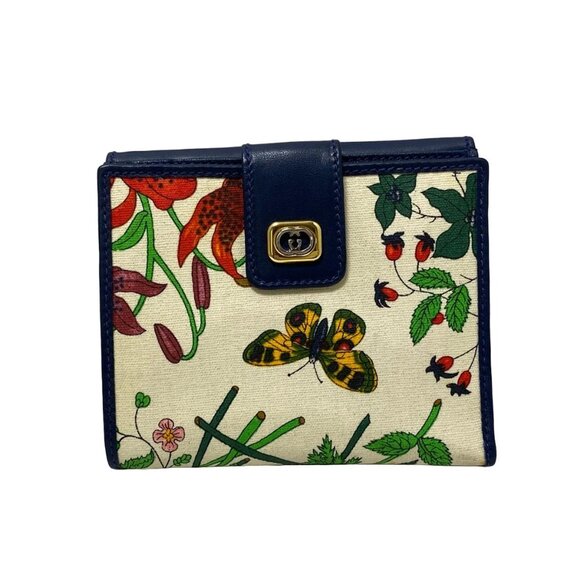 Gucci Handbags - GUCCI Old Gucci/Flora - Cream Navy Multi Canvas Leather Double-hook Wallet